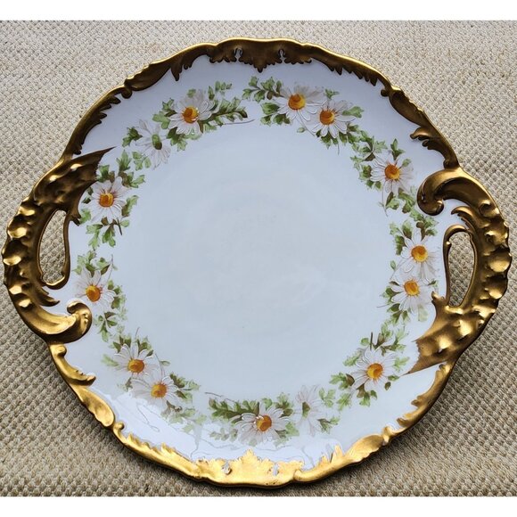 T & V Limoges Daisy Chain 2 Handled Venice Cake Plate 11" Heavy Gold Trim France - Picture 1 of 11